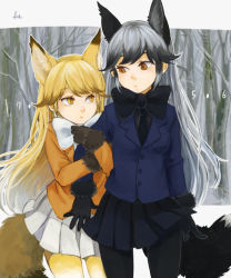 Rule 34 | 10s, 2girls, :/, animal ears, arm hug, bare tree, black bow, black bowtie, black gloves, black hair, black necktie, black pantyhose, black skirt, blazer, blonde hair, bow, bowtie, brown gloves, brown hair, closed mouth, cowboy shot, day, ezo red fox (kemono friends), fox ears, fox tail, frown, fumino machi, fur trim, gloves, jacket, kemono friends, long hair, long sleeves, looking at another, multicolored hair, multiple girls, necktie, outdoors, pantyhose, pleated skirt, signature, silver fox (kemono friends), silver hair, skirt, tail, tree, two-tone hair, very long hair, white bow, white bowtie, white skirt