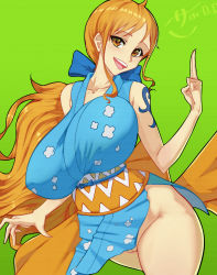 Rule 34 | 47 hard, artist name, blue kimono, bouncing breasts, breasts, brown eyes, cleft of venus, collarbone, crotch, green background, hair ornament, highres, japanese clothes, kimono, large breasts, long hair, looking at viewer, nami (one piece), no panties, one piece, open mouth, orange hair, pussy, tattoo