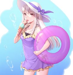 Rule 34 | 1girl, ayuri-0420, blue background, bow, breasts, collarbone, covered navel, cowboy shot, dress, fire emblem, fire emblem: three houses, floating hair, food, hair between eyes, hat, hat bow, hat ribbon, holding, holding food, ice cream, innertube, long hair, lysithea von ordelia, nintendo, pink eyes, purple bow, purple dress, purple ribbon, ribbon, shiny skin, short dress, silver hair, sleeveless, sleeveless dress, small breasts, solo, standing, straight hair, sun hat, swim ring, tongue, tongue out, transparent, very long hair, white hat