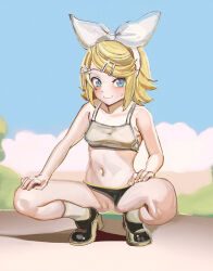 Rule 34 | 1girl, aruman, black bloomers, black footwear, bloomers, blue eyes, blush, bow, censored, clothing aside, collarbone, commentary, full body, hair bow, hair ornament, hairband, hairclip, hands on own thighs, high heels, highres, kagamine rin, looking at viewer, mosaic censoring, nail polish, navel, paid reward available, pussy, short hair, smile, socks, solo, sports bra, squatting, swept bangs, variant set, vocaloid, white bow, white hairband, white socks, white sports bra, yellow nails