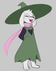 Rule 34 | animal ears, blumbus, closed eyes, deltarune, furry, furry male, glasses, goat, goat ears, goat horns, green hat, green tunic, hat, horns, open mouth, pink scarf, ralsei, scarf, undertale, white fur, wizard hat