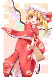 Rule 34 | 1girl, :d, alternate costume, blonde hair, blush, crystal, flandre scarlet, floral print, hagoita, hat, hat ribbon, highres, japanese clothes, kimono, long sleeves, lzh, mob cap, obi, open mouth, paddle, red eyes, red ribbon, ribbon, sandals, sash, side ponytail, smile, solo, standing, tabi, touhou, white legwear, wide sleeves, wings