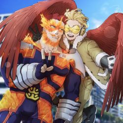 Rule 34 | 2boys, armor, beard, blonde hair, blue bodysuit, blue eyes, bodysuit, boku no hero academia, bulge, couple, cowboy shot, endeavor (boku no hero academia), facial hair, feathered wings, fire, flying, hawks (boku no hero academia), heads together, highres, large pectorals, mahoubin (totemo hot dayo), male focus, mature male, multiple boys, muscular, muscular male, pauldrons, pectorals, pout, red hair, red wings, scar, scar across eye, scar on face, selfie, short hair, shoulder armor, skin tight, smile, spiked hair, spread wings, thighs, v, wings, yaoi