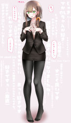 Rule 34 | 1girl, @ @, black jacket, black pantyhose, blush, breasts, brown hair, collarbone, embarrassed, feet, fine fabric emphasis, formal, full body, green eyes, hair ornament, hair scrunchie, hands up, highres, jacket, lapels, legs, looking to the side, medium breasts, miniskirt, no shoes, notched lapels, ol-chan (oouso), oouso, open mouth, original, pantyhose, pencil skirt, scrunchie, shirt, side ponytail, sidelocks, skirt, skirt suit, solo, standing, steepled fingers, suit, sweatdrop, thighs, toes, translation request, white shirt