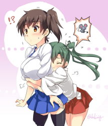 Rule 34 | !?, 10s, 2girls, black legwear, blue skirt, brown eyes, brown hair, commentary request, gradient background, hair ribbon, hug, hug from behind, japanese clothes, kaga (kancolle), kantai collection, mouse (animal), multiple girls, pleated skirt, ponytail, red skirt, ribbon, sakimiya (inschool), short hair, side ponytail, skirt, twintails, white ribbon, zuikaku (kancolle)