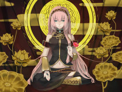 Rule 34 | 1girl, bad id, bad pixiv id, black thighhighs, boots, buddhism, cross-laced footwear, flower, full body, halo, halo behind head, highres, lace-up boots, long hair, lotus, megurine luka, pink hair, sitting, solo, thighhighs, uchida akira, very long hair, vocaloid