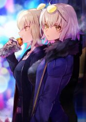 2girls absurdres ahoge artoria_pendragon_(all) artoria_pendragon_(fate) black_dress black_shirt blonde_hair blue_coat breasts closed_mouth coat commentary_request dress eating eyewear_on_head fate/grand_order fate_(series) food fur-trimmed_coat fur_trim hair_between_eyes highres holding holding_food hood hood_down hooded_jacket iris_(tb33064667) jacket jeanne_d&#039;arc_alter_(avenger)_(fate) jeanne_d&#039;arc_alter_(fate) jeanne_d&#039;arc_alter_(ver._shinjuku_1999)_(fate) jewelry large_breasts long_hair long_sleeves looking_at_viewer multiple_girls necklace official_alternate_costume open_clothes open_coat open_jacket profile saber_alter saber_alter_(ver._shinjuku_1999) saber_alter_(ver._shinjuku_1999)_(fate) shirt short_hair sidelocks sunglasses tinted_eyewear yellow-tinted_eyewear yellow_eyes