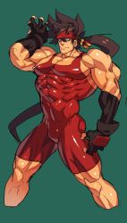 Rule 34 | 1boy, bara, bare shoulders, brown hair, bulge, covered abs, covered navel, cropped legs, fingerless gloves, gloves, guilty gear, headgear, highres, large pectorals, long hair, male focus, muscular, na insoo, pectorals, ponytail, shiny skin, simple background, sketch, sol badguy, solo, spiked hair, thighs, tight clothes, wrestling outfit, yellow eyes