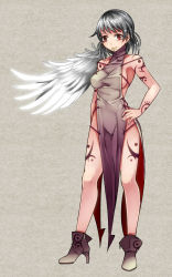 Rule 34 | 1girl, angel wings, aoshima, bare arms, bare shoulders, boots, breasts, dress, grey dress, grey hair, hand on own hip, high heel boots, high heels, highres, jewelry, kishin sagume, lips, looking at viewer, mouth hold, necktie, no bra, no panties, pelvic curtain, pendant, red eyes, side slit, sideboob, single wing, solo, tattoo, touhou, tribal tattoo, wings