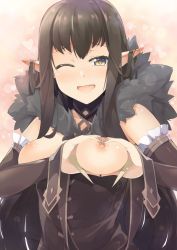 Rule 34 | 1girl, ;d, black dress, blush, breasts, breasts out, brown hair, commentary request, detached sleeves, dress, fang, fate/apocrypha, fate/grand order, fate (series), fur trim, hair between eyes, heart-shaped boob challenge, long hair, long sleeves, looking at viewer, medium breasts, nipples, one eye closed, open mouth, pointy ears, sasakura, semiramis (fate), smile, solo, spikes, very long hair, yellow eyes