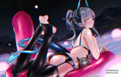 Rule 34 | 1girl, arknights, ass, black bra, black panties, black thighhighs, bra, breasts, chromatic aberration, commission, dragon girl, dragon horns, dragon tail, feet up, from behind, full body, garter belt, grey hair, highres, horns, liskarm (arknights), looking at viewer, looking back, lying, on stomach, panties, ponytail, septoleaf, small breasts, solo, stirrup legwear, swimsuit, tail, thighhighs, toeless legwear, twitter username, underwear, yellow eyes