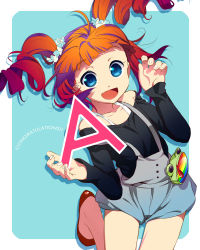 Rule 34 | 1girl, :d, andou shuki, aqua background, bag, blue eyes, blunt bangs, brown hair, casual, coin purse, drill hair, english text, fang, flat chest, flats, frog, grey overalls, handbag, idolmaster, idolmaster (classic), long hair, open mouth, orange hair, outside border, overalls, rainbow, scrunchie, short twintails, simple background, smile, solo, takatsuki yayoi, twintails
