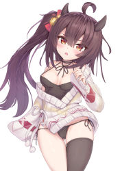 Rule 34 | 1girl, :o, ahoge, aran sweater, azur lane, bell, black panties, black thighhighs, blush, breasts, brown eyes, brown hair, cable knit, camisole, cleavage, commentary request, cowboy shot, gluteal fold, hair bell, hair ornament, hair ribbon, head tilt, highres, horns, isuzu (azur lane), isuzu (cozy christmas eve) (azur lane), long hair, looking at viewer, medium breasts, neck ribbon, off-shoulder sweater, off shoulder, oni horns, oris at, oversized clothes, panties, red ribbon, ribbed camisole, ribbon, side-tie panties, side ponytail, sidelocks, simple background, single thighhigh, sleeves past wrists, solo, standing, sweater, tearing up, thighhighs, underwear, white background