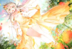 Rule 34 | 1girl, absurdres, bare legs, crown, dress, dsmile, flower, highres, long hair, looking at viewer, open clothes, original, petals, scan, smile, solo, twintails, yellow dress