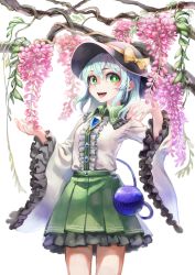 Rule 34 | 1girl, absurdres, adapted costume, aqua hair, black hat, bow, branch, bright pupils, brooch, center frills, cowboy shot, fingernails, flower, frilled skirt, frilled sleeves, frills, green eyes, green skirt, hair between eyes, hands up, hat, hat bow, highres, jewelry, komeiji koishi, kukkuru, long sleeves, looking at viewer, medium hair, miniskirt, open mouth, pleated skirt, shirt, simple background, skirt, smile, solo, standing, third eye, touhou, white background, white pupils, white shirt, wide sleeves, wisteria, yellow bow