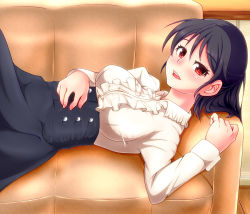 Rule 34 | 1girl, black hair, blush, breasts, couch, frilled shirt, frills, from side, hand on own stomach, hiden (takanori), high-waist skirt, highres, looking at viewer, lying, medium breasts, on back, open mouth, original, red eyes, shirt, short hair, skirt, solo