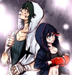 Rule 34 | 10s, 1boy, 1girl, bandaid, bandaid on face, bandaid on nose, black hair, blood, blue eyes, boxing gloves, breasts, bruise, cleavage, fighting stance, green hair, hand wraps, height difference, hood, hoodie, injury, kill la kill, matoi ryuuko, md5 mismatch, midriff, multicolored hair, navel, nosebleed, open clothes, open hoodie, sanageyama uzu, short hair, source request, sports bra, streaked hair, wrist wrap, yunkru