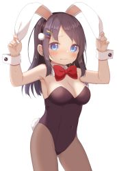 Rule 34 | 1girl, animal ears, bare shoulders, black hair, black hairband, black leotard, blue eyes, blush, breasts, brown pantyhose, cleavage, closed mouth, collar, commentary request, detached collar, fake animal ears, hair ornament, hairband, hairclip, hands up, highres, holding ears, leotard, long hair, medium breasts, muku (muku-coffee), nail polish, original, pantyhose, parted bangs, pink nails, playboy bunny, rabbit ears, rabbit tail, red neckwear, simple background, solo, strapless, strapless leotard, sweat, tail, wavy mouth, white background, white collar, wing collar, wrist cuffs