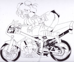 Rule 34 | 1girl, alternate costume, ass, bare shoulders, boots, breasts, covered erect nipples, detached sleeves, female focus, fingerless gloves, gloves, goggles, goggles on head, hat, ibaraki kasen, large breasts, monochrome, motor vehicle, motorcycle, okiraku nikku, simple background, solo, thighhighs, touhou, vehicle