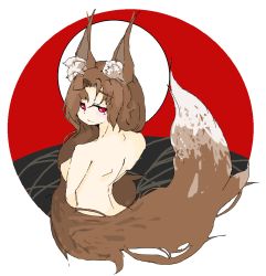 Rule 34 | 1girl, animal ears, back, blush, brown hair, from behind, hanafuda, imaizumi kagerou, long hair, looking at viewer, looking back, mikozin, moon, nude, parted bangs, red eyes, simple background, smile, solo, tail, touhou, very long hair, wolf ears, wolf tail