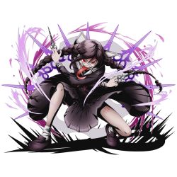 Rule 34 | 10s, 1girl, alpha transparency, braid, crossed arms, danganronpa (series), danganronpa: trigger happy havoc, divine gate, fukawa toko, full body, genocider shou, glasses, legs apart, long hair, long skirt, long tongue, mary janes, neckerchief, official art, purple hair, red eyes, scar, school uniform, scissors, serafuku, shadow, shoes, skirt, smile, socks, solo, spoilers, tongue, tongue out, transparent background, twin braids, twintails, ucmm, wide stance