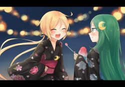 Rule 34 | 10s, 2girls, :d, ^ ^, blonde hair, closed eyes, closed mouth, commentary request, crescent, crescent hair ornament, crescent moon, food, green eyes, green hair, hair ornament, highres, japanese clothes, kantai collection, kimono, long hair, long sleeves, moon, multiple girls, myao (jumca my), nagatsuki (kancolle), open mouth, satsuki (kancolle), shaved ice, smile, twintails, wide sleeves, yukata