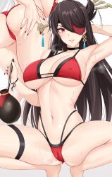 Rule 34 | 1girl, absurdres, armpits, ass, ass grab, barefoot, beidou (genshin impact), bikini, black choker, black hair, black nails, breasts, cameltoe, choker, cleavage, close-up, earrings, eyepatch, genshin impact, grabbing own ass, hair ornament, hair stick, highres, jewelry, large breasts, long hair, looking at viewer, mole, mole on thigh, multiple views, nail polish, navel, noise paper, parted lips, red bikini, red eyes, spread legs, squatting, stomach, sweat, swimsuit, tassel, tassel earrings, thigh strap, thighs, underboob, very long hair