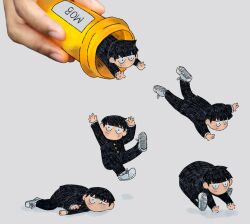 Rule 34 | 1boy, black hair, bowl cut, commentary, cutystuffy, english commentary, falling, gakuran, grey background, holding, kageyama shigeo, long sleeves, lying, male focus, mob psycho 100, no mouth, pants, pill bottle, school uniform, shoes, short hair, simple background, sneakers