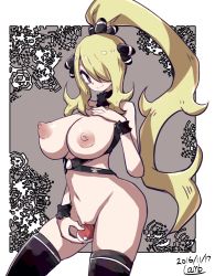 Rule 34 | 1girl, 2016, alternate hairstyle, blonde hair, breasts, cleft of venus, cowboy shot, creatures (company), crotch rub, cynthia (pokemon), dated, game freak, hair over one eye, high ponytail, lamb-oic029, large breasts, long hair, looking at viewer, nintendo, nipples, nude, pokemon, pokemon dppt, ponytail, pussy, pussy juice, smile, solo, strap, thighhighs, uncensored, very long hair