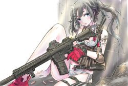Rule 34 | 1girl, assault rifle, black hair, blue eyes, bra, breasts, bullet, cleavage, eotech, gloves, gun, knife, load bearing vest, looking at viewer, open mouth, original, panties, red gloves, rifle, simple background, sitting, small breasts, solo, tajima ryuushi, tattoo, thigh strap, twintails, underwear, weapon, white background, white bra, white panties