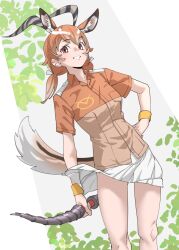 Rule 34 | 1girl, blush, brown shirt, collared shirt, commentary, cowboy shot, extra ears, hair between eyes, highres, horns, impala (kemono friends), impala ears, impala girl, jacket, kemono friends, light brown hair, miniskirt, multicolored hair, pleated skirt, polearm, safari jacket, shirt, short sleeves, short twintails, skirt, smile, solo, spear, standing, tanabe (fueisei), twintails, two-tone shirt, weapon, white skirt, wristband