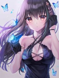 Rule 34 | 1girl, absurdres, armlet, bad id, bad pixiv id, bare arms, bare shoulders, black gloves, black hair, blush, breasts, bug, butterfly, butterfly on hand, cleavage, clming, collarbone, criss-cross halter, dress, girls&#039; frontline, gloves, grey background, hair between eyes, hair ornament, halter dress, halterneck, hands up, highres, huge filesize, insect, long hair, looking at viewer, m4a1 (girls&#039; frontline), medium breasts, orange eyes, parted lips, pinky out, simple background, sleeveless, sleeveless dress, solo, wristband
