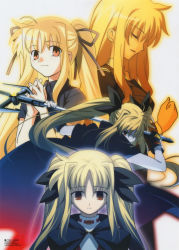 Rule 34 | 00s, 1girl, absurdres, aged down, aged up, bardiche (nanoha), blonde hair, closed eyes, empty eyes, fate testarossa, gloves, hair ribbon, highres, long hair, looking at viewer, lyrical nanoha, mahou shoujo lyrical nanoha, mahou shoujo lyrical nanoha a&#039;s, mahou shoujo lyrical nanoha strikers, megami magazine, non-web source, red eyes, ribbon, sad, scan, smile, takeuchi takashi, tears, thighhighs, twintails, upper body, very long hair