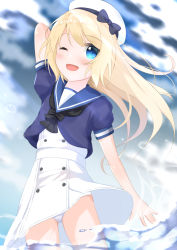 Rule 34 | 1girl, ;d, arm behind head, arm up, beret, black bow, black neckwear, blonde hair, blue eyes, blue sailor collar, blue shirt, blush, bow, cameltoe, cloud, cloudy sky, commentary request, dress, hair between eyes, hat, jervis (kancolle), kantai collection, kogyokuapple, long hair, one eye closed, open mouth, outdoors, panties, pantyshot, puffy short sleeves, puffy sleeves, sailor collar, sailor shirt, shirt, short sleeves, sky, smile, solo, standing, underwear, very long hair, wading, water, white dress, white hat, white panties