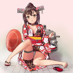 Rule 34 | 10s, 1girl, accident, agnam ore, bad id, bad pixiv id, bag, bare legs, barefoot, blush, breasts, brown eyes, brown hair, cherry blossoms, cleavage, collar, feet, floral print, full body, handbag, headgear, highres, japanese clothes, kantai collection, kimono, legs, long hair, looking at viewer, medium breasts, mole, mole on breast, no bra, obi, oil-paper umbrella, open mouth, panties, pantyshot, ponytail, sash, shoes, single shoe, sitting, slippers, solo, tears, thigh strap, thighs, toes, umbrella, underwear, white panties, yamato (kancolle), yukata