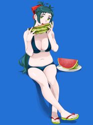 Rule 34 | 1girl, absurdres, antenna hair, bikini, blue background, blue bikini, breasts, cleavage, food, fruit, full body, green eyes, green hair, hair ribbon, highres, holding, holding food, holding fruit, invisible chair, irako (kancolle), kantai collection, large breasts, long hair, looking at viewer, navel, ojipon, open mouth, plate, ponytail, ribbon, round teeth, sandals, simple background, sitting, solo, swimsuit, teeth, upper teeth only, watermelon