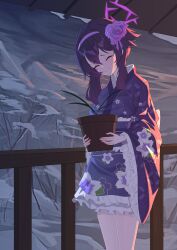 Rule 34 | 1girl, absurdres, blue archive, flower, hair flower, hair ornament, hairband, halo, haruka (blue archive), haruka (new year) (blue archive), highres, its2h35, japanese clothes, kimono, long hair, looking at viewer, official alternate costume, purple flower, purple hairband, purple kimono, solo, thighs