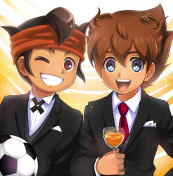 Rule 34 | 2boys, bad id, bad pixiv id, ball, brown hair, cross tie, crossover, cup, drinking glass, endou mamoru, formal, gradient background, grin, headband, highres, inazuma eleven, inazuma eleven (series), inazuma eleven go, looking at viewer, male focus, matsukaze tenma, matsumoto achi, multiple boys, necktie, one eye closed, open mouth, red necktie, short hair, smile, soccer ball, telstar, time paradox