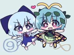 Rule 34 | 2girls, :d, antennae, aqua hair, barefoot, blue background, blue bow, blue dress, blue eyes, blue hair, blush stickers, bow, butterfly wings, chibi, cirno, collared shirt, dress, eternity larva, fairy, full body, green dress, hair between eyes, hair bow, heart, highres, insect wings, leaf, leaf on head, multicolored clothes, multicolored dress, multiple girls, open mouth, outstretched arms, puffy short sleeves, puffy sleeves, purple eyes, shin16, shirt, short hair, short sleeves, simple background, single strap, smile, spread arms, touhou, white shirt, wings