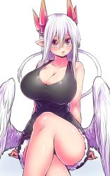 Rule 34 | 1girl, bare shoulders, breasts, cleavage, commentary request, demon girl, demon tail, denim, denim shorts, feathered wings, highres, horns, huge breasts, looking at viewer, lorem (mazohaha), musuko ga kawaikute shikatanai mazoku no hahaoya, pointy ears, red eyes, shorts, simple background, sitting, solo, tail, white background, wings, zyugoya
