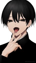 Rule 34 | 1boy, artist name, black eyes, black hair, braid, chinikuniku, dated, fangs, finger to mouth, fingernails, forked tongue, gakuran, hair between eyes, hand up, highres, looking at viewer, male focus, open mouth, original, portrait, school uniform, short hair, simple background, single braid, smile, solo, tongue, tongue out, v, white background