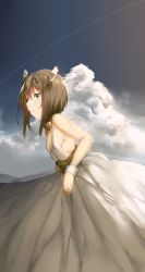 Rule 34 | 10s, 1girl, bare shoulders, blush, brown eyes, brown hair, cloud, contrail, day, dress, headband, headgear, hews, highres, jewelry, kantai collection, looking at viewer, ring, short hair, sky, smile, solo, taihou (kancolle), wedding band, wedding dress, wedding ring