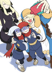 Rule 34 | 2boys, 2girls, akari (pokemon), backpack, bag, black coat, black hair, black sash, blonde hair, cellphone, closed eyes, coat, constricted pupils, creatures (company), cynthia (pokemon), fur-trimmed coat, fur-trimmed jumpsuit, fur-trimmed sleeves, fur collar, fur trim, galaxy expedition team survey corps uniform, game freak, gen 1 pokemon, ginkgo guild uniform, grey eyes, hair ornament, hair over one eye, hat, head scarf, highres, holding, holding phone, issui (jahn bistand), jacket, jumpsuit, long hair, loose socks, multiple boys, multiple girls, nintendo, phone, pokemon, pokemon dppt, pokemon legends: arceus, pokemon masters ex, ponytail, porygon, poryphone, red scarf, rei (pokemon), sash, scarf, sidelocks, smartphone, socks, sweat, taking picture, turn pale, two-tone headwear, very long hair, volo (pokemon)