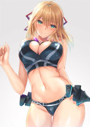 Rule 34 | 1girl, arm up, bare shoulders, bikini, black one-piece swimsuit, blonde hair, blush, breasts, cleavage, cleavage cutout, clothing cutout, contrapposto, dagger, fiora (xenoblade), gluteal fold, green eyes, grey background, hair ornament, head tilt, inoue takuya (tactactak), jewelry, knife, large breasts, looking at viewer, medium hair, navel, necklace, nintendo, one-piece swimsuit, simple background, smile, swimsuit, weapon, xenoblade chronicles (series), xenoblade chronicles 1