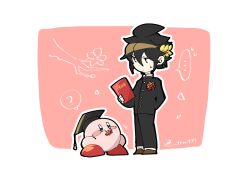 Rule 34 | ..., 2boys, ?, black hair, black pants, blush stickers, book, buttons, dark pit, falling petals, flower, flower on mouth, graduation, hat, highres, holding, holding book, jacket, kid icarus, kid icarus uprising, kirby, kirby (series), laurel crown, long sleeves, looking at another, mortarboard, multiple boys, nintendo, pants, petals, pink background, red eyes, sweat, trlr, twitter username