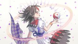 Rule 34 | 1girl, arrow print, black hair, commentary request, confetti, dress, from side, highres, horns, impossible spell card, kijin seija, looking at another, looking at viewer, mirei (miirei), multicolored hair, nimble fabric, orb, red eyes, red horns, short sleeves, solo, streaked hair, touhou, white dress, white horns, yin yang, yin yang orb