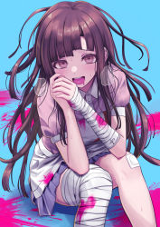 Rule 34 | 1girl, :d, apron, bandaged arm, bandaged leg, bandages, bandaid, bandaid on knee, bandaid on leg, blood, blouse, blush, breasts, brown hair, commentary, danganronpa (series), danganronpa 2: goodbye despair, deadnooodles, drooling, gradient background, green background, highres, long hair, looking at viewer, messy hair, mole, mole under eye, open mouth, pink blood, pink shirt, pleated skirt, puffy short sleeves, puffy sleeves, shirt, short sleeves, skirt, smile, sweat, teeth, tsumiki mikan, upper teeth only