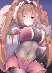 Rule 34 | 1girl, absurdres, antenna hair, belt, black belt, black bodysuit, blush, bodysuit, brown hair, christmas, closed mouth, commentary, covered navel, crop top, daiwa scarlet (umamusume), frown, fur-trimmed gloves, fur-trimmed shirt, fur trim, gift, giving, gloves, hair intakes, hat, highres, holding, holding gift, holding sack, jam (jamjam777), long hair, looking at viewer, night, outdoors, over shoulder, red eyes, red gloves, red hat, red shirt, red shorts, sack, santa costume, santa gloves, santa hat, shirt, short shorts, shorts, solo, standing, twintails, umamusume, very long hair