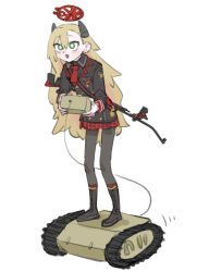 Rule 34 | 1girl, bent barrel, blonde hair, blue archive, boots, bright pupils, controller, explosive, goliath tracked mine, green eyes, gun, hair between eyes, halo, highres, horns, long hair, matangom, matangomu-chan, military uniform, mine (weapon), original, pantyhose, plaid, plaid skirt, pleated skirt, remote control, rifle, simple background, skirt, uniform, weapon, white background, white pupils
