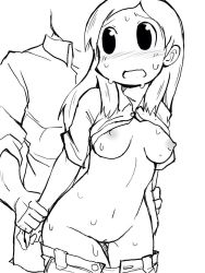 Rule 34 | 1boy, 1girl, bent over, breasts, clothed sex, faceless, faceless male, hetero, looking back, monochrome, nichijou, nipples, pussy, sex, standing, tamamura (nichijou), uncensored, zubatto